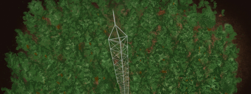 illustration of aerial view of pine forest with research tower